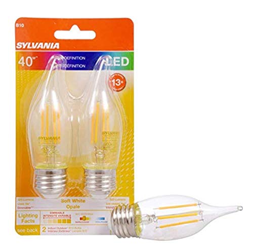 SYLVANIA B10 High-Definition LED Light Bulb, 4W Equivalent, 13 Year, Bent Tip, Medium Base, 320 Lumens, 2700K, Soft White, Clear - 2 Pack (40184)