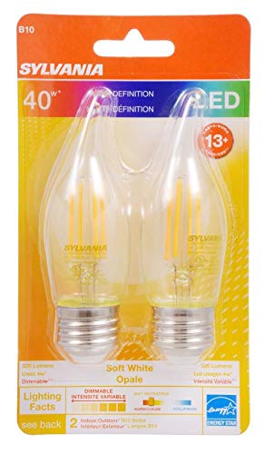 SYLVANIA B10 High-Definition LED Light Bulb, 4W Equivalent, 13 Year, Bent Tip, Medium Base, 320 Lumens, 2700K, Soft White, Clear - 2 Pack (40184)