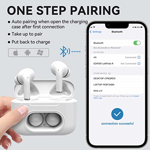 Pianogic A5 Wireless Earbuds with Pop Bubble, Bluetooth Headphones Noise Cancelling Ear Buds with USB-C Charging Case IPX6 Waterproof Long Playtime in-Ear Earphones with Mic for iPhone Android White