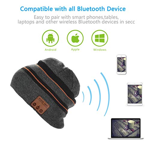 Happy-top Wireless Music Beanie Hat Winter Warm Knit Cap with Stereo Headphone Headset Speaker Mic Hands-Free for Men Women Outdoor Sports Compatible with iPhone Android Cell Phones (Black Grey)