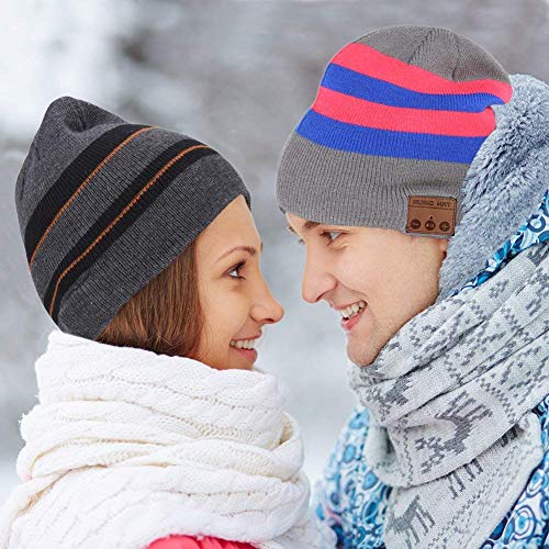 Happy-top Wireless Music Beanie Hat Winter Warm Knit Cap with Stereo Headphone Headset Speaker Mic Hands-Free for Men Women Outdoor Sports Compatible with iPhone Android Cell Phones (Black Grey)