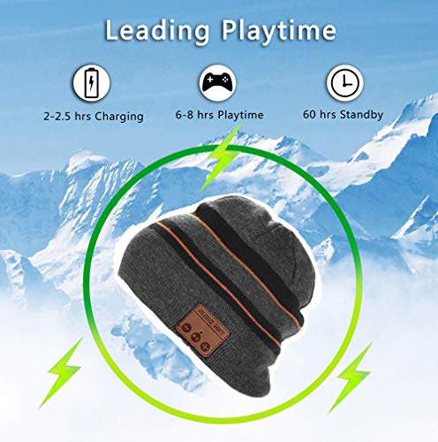 Happy-top Wireless Music Beanie Hat Winter Warm Knit Cap with Stereo Headphone Headset Speaker Mic Hands-Free for Men Women Outdoor Sports Compatible with iPhone Android Cell Phones (Black Grey)