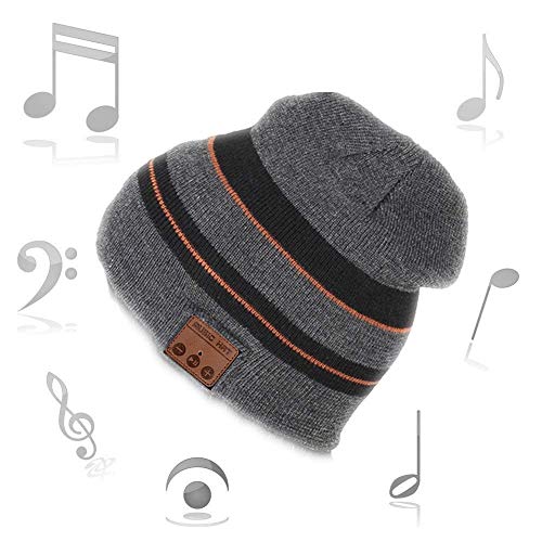 Happy-top Wireless Music Beanie Hat Winter Warm Knit Cap with Stereo Headphone Headset Speaker Mic Hands-Free for Men Women Outdoor Sports Compatible with iPhone Android Cell Phones (Black Grey)