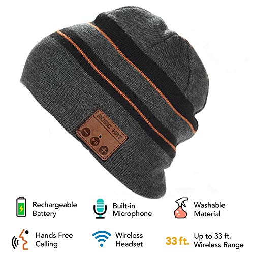 Happy-top Wireless Music Beanie Hat Winter Warm Knit Cap with Stereo Headphone Headset Speaker Mic Hands-Free for Men Women Outdoor Sports Compatible with iPhone Android Cell Phones (Black Grey)