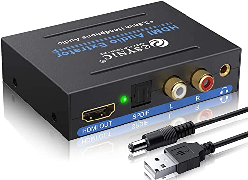 eSynic 4K HDMI Audio Extractor HDMI to HDMI + Optical TOSLINK SPDIF + Analog RCA L/R +3.5mm Jack Stereo Audio Video Splitter Converter with Power ON/Off Switch Support 4K Full HD1080p 3D