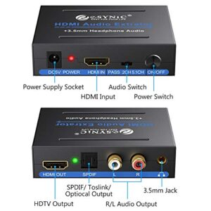 eSynic 4K HDMI Audio Extractor HDMI to HDMI + Optical TOSLINK SPDIF + Analog RCA L/R +3.5mm Jack Stereo Audio Video Splitter Converter with Power ON/Off Switch Support 4K Full HD1080p 3D