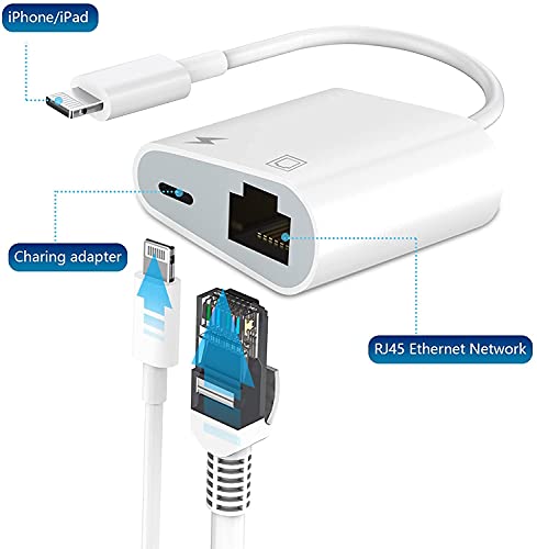 [Apple MFi Certified] Lightning to Ethernet Adapter, 2 in 1 RJ45 Ethernet LAN Network Adapter for iPhone/iPad/iPod, iPhone Ethernet Adapter with Charge Port, 10/100Mbps High Speed, Plug and Play