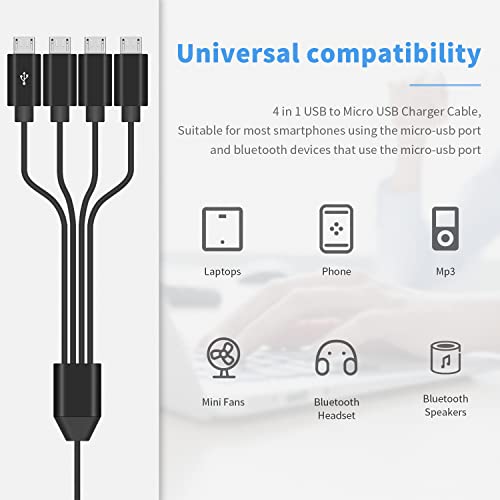 Duttek Micro USB Multi Charging Cable 1.5FT, Micro USB Splitter Cable, USB2.0 Type A Male to Four Micro USB Multi Charging Cable Support Data Sync and Charging (Black)