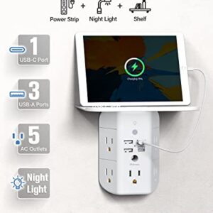 Wall Outlet Extender with Shelf and Night Light,Surge Protector,USB Wall Charger with 5 USB Outlets and 3 USB Ports 1 USB C Outlet Wide Space 3-Sided Power Strip Multi Plug Outlets…