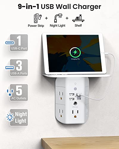 Wall Outlet Extender with Shelf and Night Light,Surge Protector,USB Wall Charger with 5 USB Outlets and 3 USB Ports 1 USB C Outlet Wide Space 3-Sided Power Strip Multi Plug Outlets…