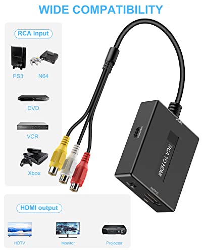 Uzifhdhi RCA to HDMI Converter, AV to HDMI Converter Supports PAL/NTSC for PS2/VHS/VCR/Blue-Ray DVD ect.