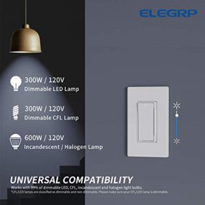 ELEGRP Digital Dimmer Light Switch for 300W Dimmable LED/CFL Lights and 600W Incandescent/Halogen, Single Pole/3-Way LED Slide Dimmer Light Switch, Wall Plate Included, UL Listed, 6 Pack, Matte White