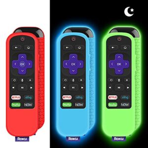 3 pack protective case for tcl roku tv steaming stick 3600r/3800/3900 remote, silicone cover roku voice/express/premiere remote controller skin, replacement sleeve protector-glow green,glow blue,red