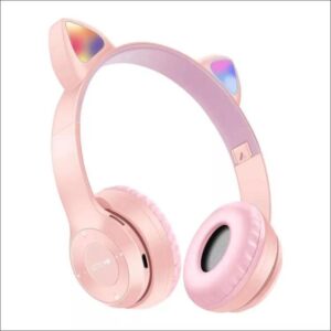 cat ear wireless headphones with led light, cute design bluetooth headset with mic (pink)