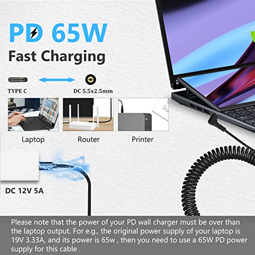 90 Degree Type C to DC Charging Cable, Type C USB C Male to DC 5.5X2.5mm Male Power Jack Notebook Charging Cable Coiled Spring Charging Cord, 12V 5A