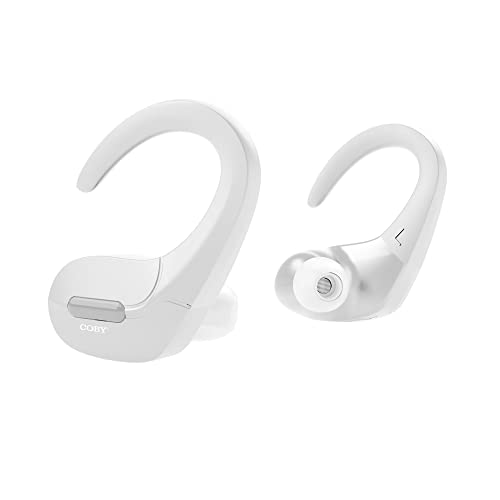 Coby True Wireless Sports Ear Buds with Over Ear Hooks | Wireless Bluetooth Earbuds | Sweatproof and Splash-Resistant | Headphones with Microphone Built-in | for Gym Sports & Running (White)