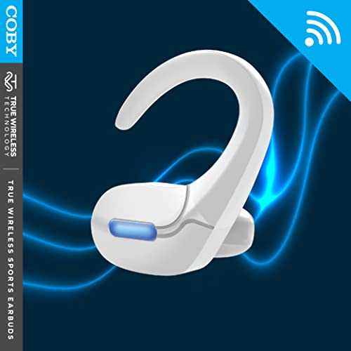 Coby True Wireless Sports Ear Buds with Over Ear Hooks | Wireless Bluetooth Earbuds | Sweatproof and Splash-Resistant | Headphones with Microphone Built-in | for Gym Sports & Running (White)