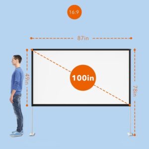 HYZ 100 inch Freestanding Projection Screen, Portable Front & Rear Projection Screen, 4K HD 16:9 Polyester Fabric Screen Outdoors and Indoors, Setup in Minutes, Home Theater, Presentation