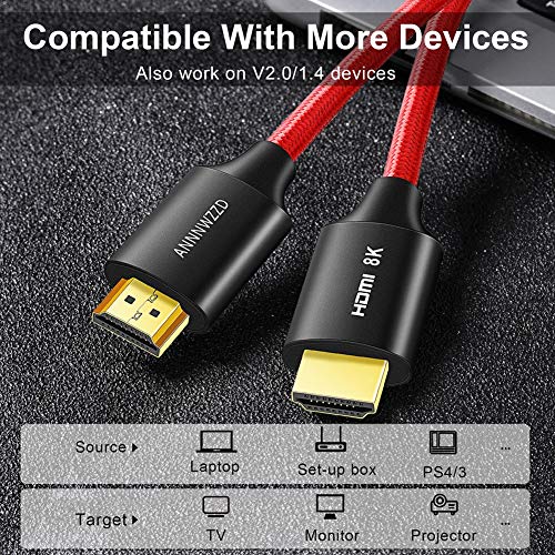 8K HDMI Cable 3FT, ANNNWZZD High Speed HDMI 2.1 (Red Braided Cord-4K@120Hz 8K@60Hz 4:4:4 HDR HDCP 2.2 e ARC)