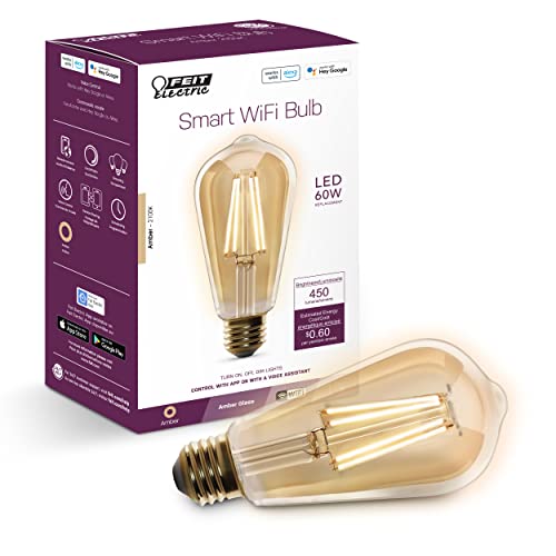 Feit Electric ST1960/FIL/AG 60 Watt Equivalent WiFi Dimmable, No Hub Required, Alexa or Google Assistant ST19 Edison Vintage LED Smart Light Bulb, 5.4" H x 2.5" D, 2100K Amber