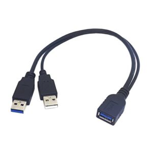 CY USB 3.0 Female to Dual USB Male Extra Power Data Y Extension Cable for 2.5" Mobile Hard Disk Black Color