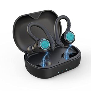 true wireless earbuds, bluetooth 5.1 sport headphones, over-ear buds with earhooks, ipx8 sweatproof running earphones built in mic noise cancelling headset with charging case for workout gym (black)