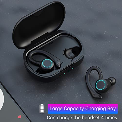True Wireless Earbuds, Bluetooth 5.1 Sport Headphones, Over-Ear Buds with Earhooks, IPX8 Sweatproof Running Earphones Built in Mic Noise Cancelling Headset with Charging Case for Workout Gym (Black)