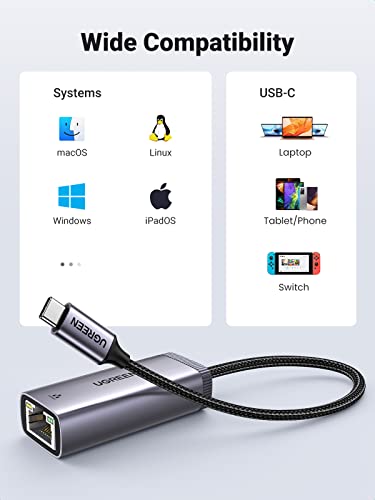 UGREEN USB C to Ethernet Adapter Type C Thunderbolt 3 to RJ45 Gigabit LAN Network Adapter Compatible with MacBook Pro, MacBook Air, Mac Mini, iPad Pro, Surface Book, Dell XPS, Chromebook, and More