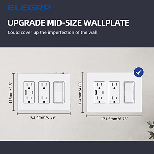 ELEGRP 3-Gang Screwless Decorative Wall Plates, Mid-Size Unbreakable Thermoplastic Faceplate Cover for Decorator Receptacle Outlet Switch, UL Listed (5 Pack, Matte White)