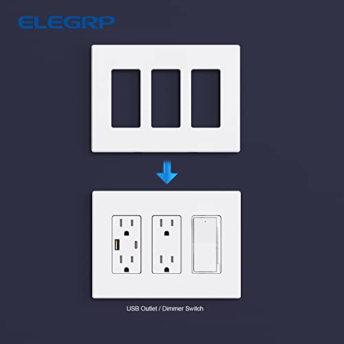 ELEGRP 3-Gang Screwless Decorative Wall Plates, Mid-Size Unbreakable Thermoplastic Faceplate Cover for Decorator Receptacle Outlet Switch, UL Listed (5 Pack, Matte White)