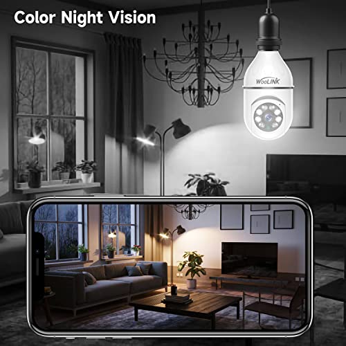 WOOLINK 3MP Light Bulb Security Camera - 2.4Ghz Wireless WiFi Light Bulb Camera, E26/E27 Light Socket Camera, Color Night Vision, Motion Detection, App Alarm Notification