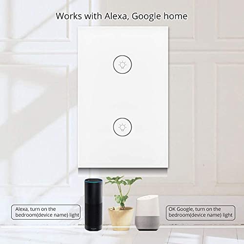 WiFi Smart Wall Touch Light Switch Glass Panel Wireless Remote Control by Mobile APP Anywhere Compatible with Alexa,Timing Function No Hub Required (Wall Switch 2 Gang)