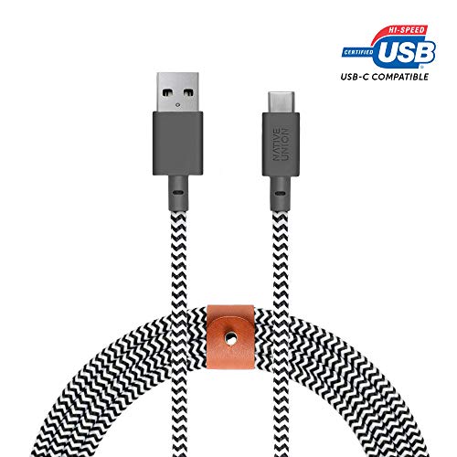 Native Union Belt Cable XL USB-C to USB-A - 10ft Ultra-Strong Charging Cable with Leather Strap Compatible with Samsung Galaxy Z Fold4, Flip4 / S22 Ultra, Pixel 7 Pro, iPad Pro, Air 5, Mini 6 (Zebra)