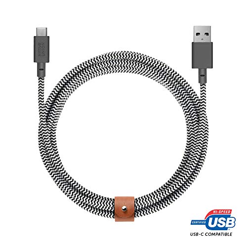 Native Union Belt Cable XL USB-C to USB-A - 10ft Ultra-Strong Charging Cable with Leather Strap Compatible with Samsung Galaxy Z Fold4, Flip4 / S22 Ultra, Pixel 7 Pro, iPad Pro, Air 5, Mini 6 (Zebra)