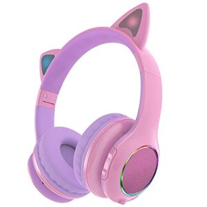 wireless bluetooth headphones for kids, led light up over cat ear headphones, volume control comfort foldable wireless headset with microphone for pc/tv/ipad, gift for kids boys & girls（pink&purple）
