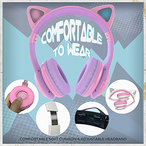Wireless Bluetooth Headphones for Kids, LED Light Up Over Cat Ear Headphones, Volume Control Comfort Foldable Wireless Headset with Microphone for PC/TV/iPad, Gift for Kids Boys & Girls（Pink&Purple）