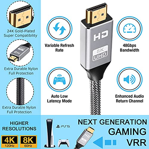 8K HDMI Cable 4FT/1.2M, Ultra High-Speed 48Gbps Gold Plated Braided HDMI 2.1 Cord, 4K@120Hz 8K@60Hz, Dynamic HDR, eARC, Dolby Atmos, Compatible with PS5/Xbox/Playstation/Fire TV/Roku TV and More