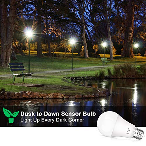 SHINE HAI Dusk to Dawn Light Sensor Bulbs, A19 12W(100 Watt Equivalent) LED Auto On Off Light Bulbs, 1200 Lumens, E26 Base, Daylight White 5000K Bulbs Outdoor for Porch Garage Yard, 4-Pack