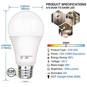 SHINE HAI Dusk to Dawn Light Sensor Bulbs, A19 12W(100 Watt Equivalent) LED Auto On Off Light Bulbs, 1200 Lumens, E26 Base, Daylight White 5000K Bulbs Outdoor for Porch Garage Yard, 4-Pack