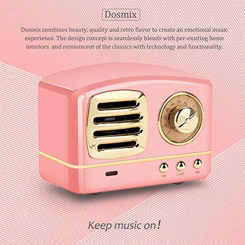 Dosmix Portable Bluetooth Stereo Speaker, Enhanced Bass Retro Wireless Vintage Speaker with TF Card Slot, Built-in Mic for Travel, Home, Beach, Kitchen for Android/iOS Devices (Pink)