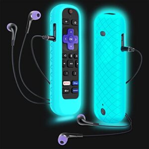 case for roku headphone remote, battery cover for roku voice pro remote, rechargeable control with headphone jack silicone sleeve skin glow in the dark blue