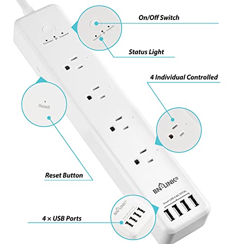 BN-LINK Smart Power Strip Compatible with Alexa Google Home, Smart Plug WiFi Outlets Surge Protector with 4 USB 4 Charging Port Multi Plug Extender,15A