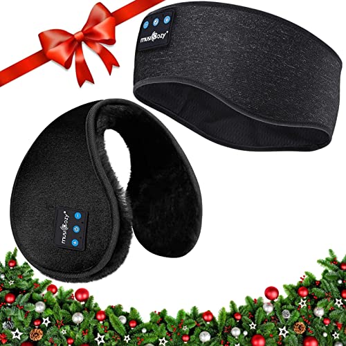 MUSICOZY Ear Warmers EarMuffs Sleep Headphones Bluetooth Sports Headband for Winter Side Sleepers Running Travel Yoga Meditation, EarMuff & Headband, Pack of 2