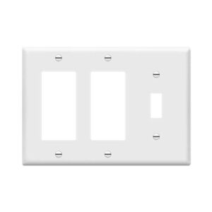 enerlites combination single toggle/double decorator rocker outlet wall plate, standard size 3-gang light switch cover (4.5″ x 6.38″), polycarbonate thermoplastic, ul listed, 881132-w, white