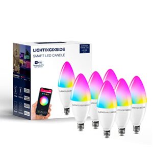 smart candelabra led bulbs, 60 watt equivalent, 6w 500lm, e12 led bulbs work with alexa and google home, 2700-6500k+rgb, app control, no hub required, timer, group control, 2.4ghz wifi only, 6pcs