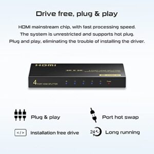 4K HDMI Splitter 1 in 4 Out, HDMI Splitter 1 Input 4 Output Support 4K 60Hz Full HD 1080P and 3D, Compatible with Xbox PS3/4 Roku Blu-Ray Player