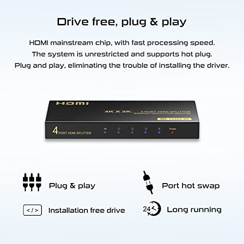 4K HDMI Splitter 1 in 4 Out, HDMI Splitter 1 Input 4 Output Support 4K 60Hz Full HD 1080P and 3D, Compatible with Xbox PS3/4 Roku Blu-Ray Player