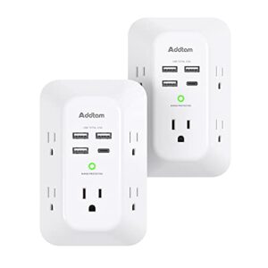 2 pack usb wall charger surge protector, 5 outlet extender with 4 usb charging ports (1 usb c outlet) 3 sided 1800j power strip multi plug outlets, wall adapter spaced for home travel office