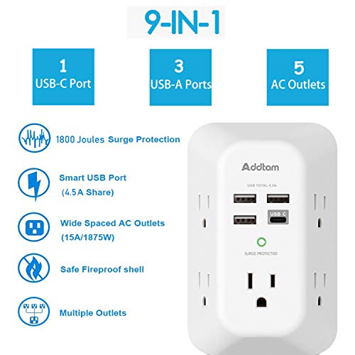 2 Pack USB Wall Charger Surge Protector, 5 Outlet Extender with 4 USB Charging Ports (1 USB C Outlet) 3 Sided 1800J Power Strip Multi Plug Outlets, Wall Adapter Spaced for Home Travel Office