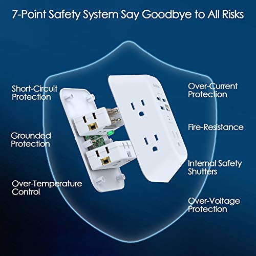 2 Pack USB Wall Charger Surge Protector, 5 Outlet Extender with 4 USB Charging Ports (1 USB C Outlet) 3 Sided 1800J Power Strip Multi Plug Outlets, Wall Adapter Spaced for Home Travel Office